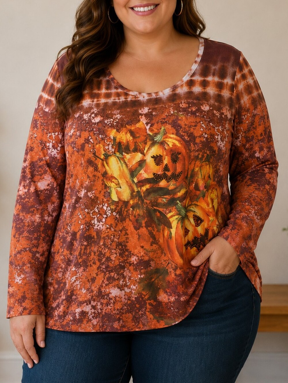 ONE WORLD Pumpkin Graphic Scoop Neck Long Sleeve Top - Orange/Brown